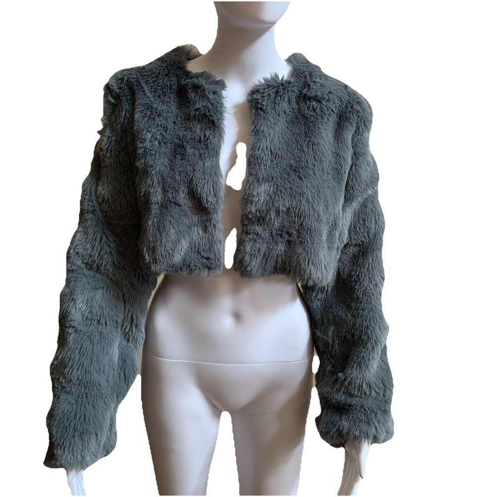 SAY WHAT Faux Fur Cropped Shaggy Open Front Jacket Women's SZ M Grey Long Sleeve